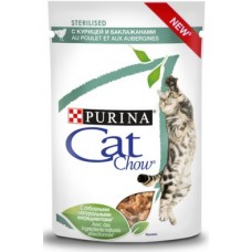 Cat Chow - влажный корм для стерилизованных кошек, кусочки в соусе с курицей и баклажанами 85 гр. Cat Chow - влажный корм для стерилизованных кошек, кусочки в соусе с курицей и баклажанами 85 гр.